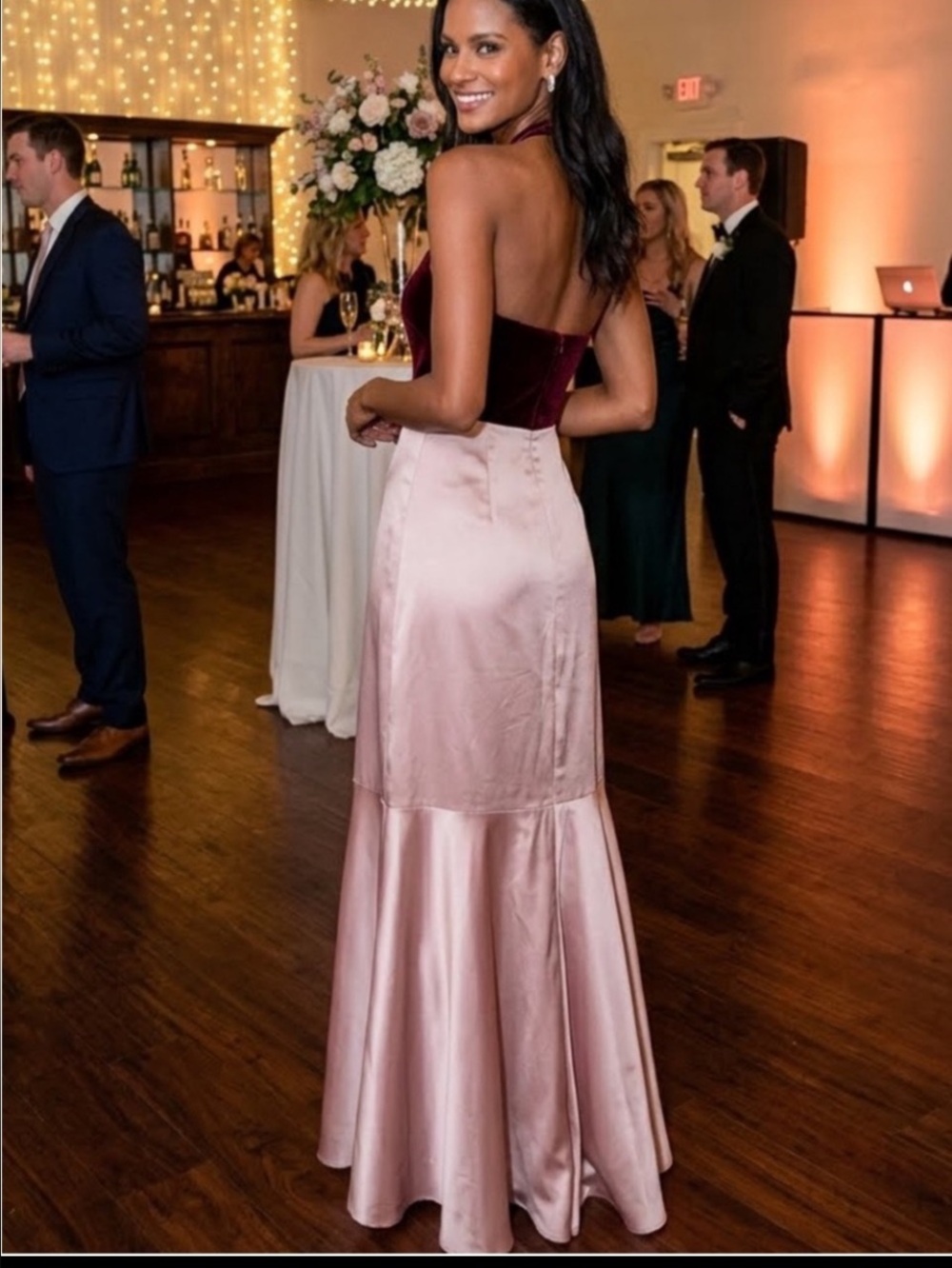 Lulu's Strapless Two-Tone Satin Gown in Wine and Blush - Picture 10 of 13